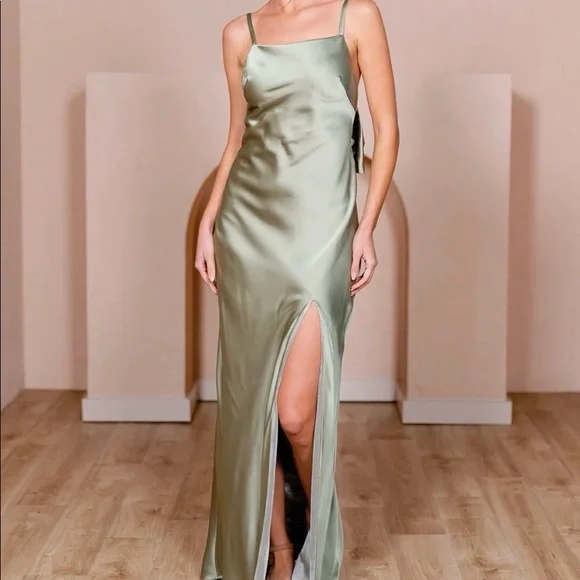 Revelry Steph Silver Sage Satin Front Slit Bow Back Long Dress Size 0 Prom Party - Picture 2 of 13